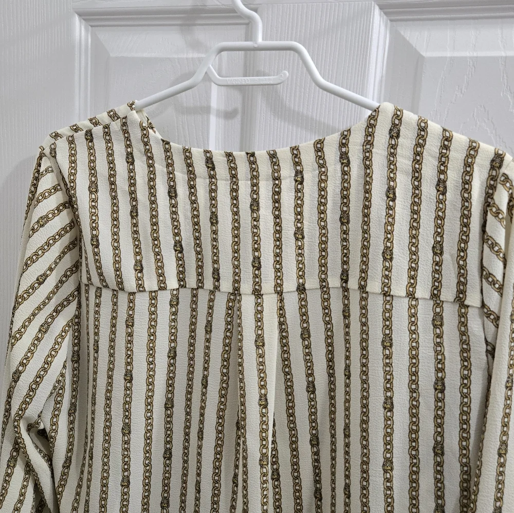 MICHAEL Michael Kors Chain Striped Cream & Gold 3/4 Tie Sleeve Blouse Size L - Picture 6 of 11